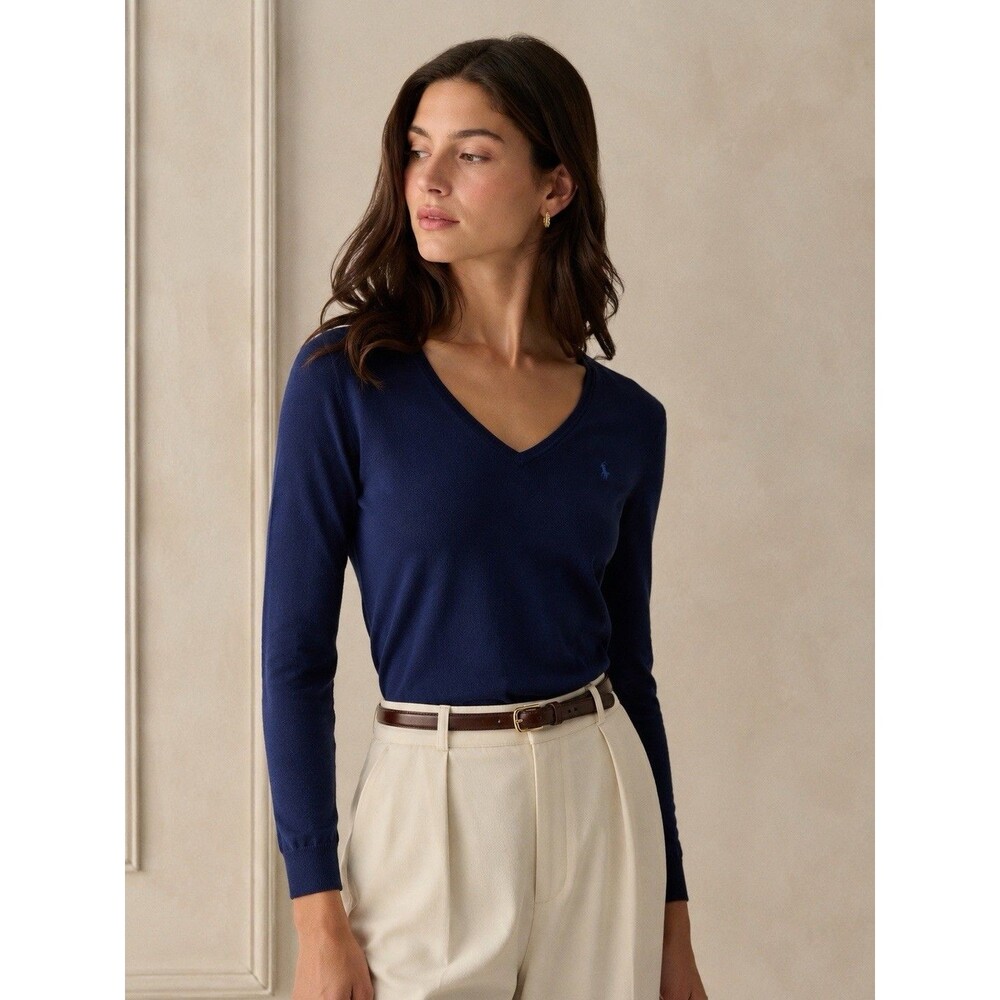 Ralph Lauren Womens Medium Navy Blue V-Neck Sweater Pima Cotton Pony Logo - Picture 9 of 9